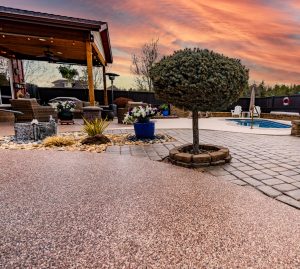 outdoor concrete coatings of multiple colors with flake system