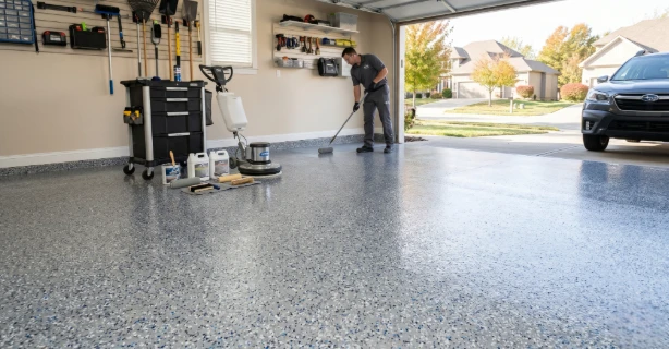 Concrete coating Kansas City garage floor installed by Peak Concrete Coatings in Stilwell KS