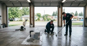 Professionals applying garage floor coating in Kansas City for durable, long-lasting concrete protection in a residential garage.
