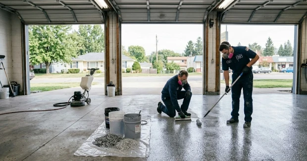 Professionals applying garage floor coating in Kansas City for durable, long-lasting concrete protection in a residential garage.