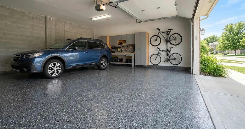 Professionally coated garage floor in Stilwell, KS with a durable concrete floor coating that resists cracks, stains, and daily wear.