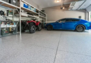 Finished polyaspartic garage floor coating installed by Peak Concrete Coatings